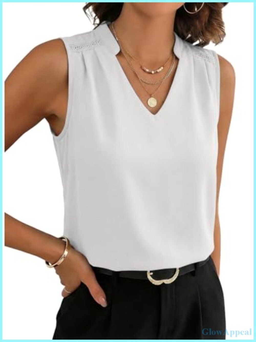 Women's Business Casual Lace Trim V-Neck Sleeveless Tank Top Blouse